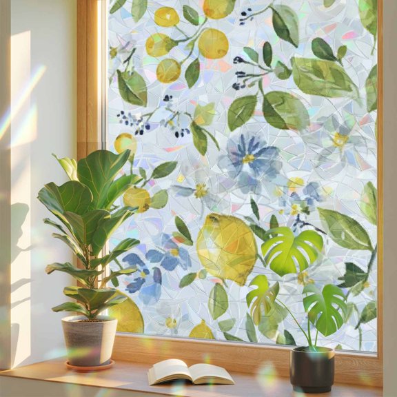 Lemon with Window Privacy Film, Green Leaf Blooming Floral Botanical Farm Country Stained Glass Rainbow Film Decorative Window Clings, Static Cling Sun Blocking Stickers 17.7" x 39.3"