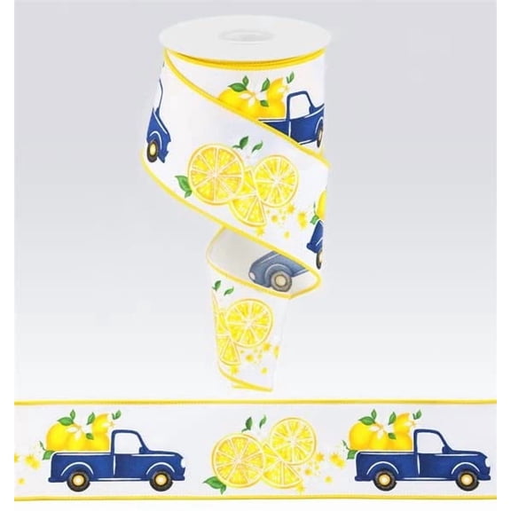 Lemon Wired Ribbon, Yellow and Blue Accent Item for Making Vibrant & Colorful Spring and Summer Wreaths, 2.5 Inch x 10 Yard, Truck, Lemonade