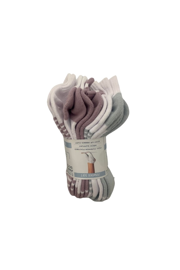 Women's Ankle Socks Powder Soft 6Pk Size 5-9.5 Arch Support Ribbed Cuff