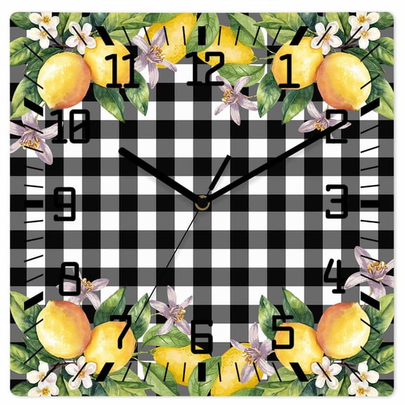 Lemon Wooden Wall Clock Silent Non Ticking, Black Plaid Check Yellow Fruit Flower Floral Square Wall Clocks Battery Operated, Decor Clock for Home Office, Living Room, Kitchen, 12 Inch