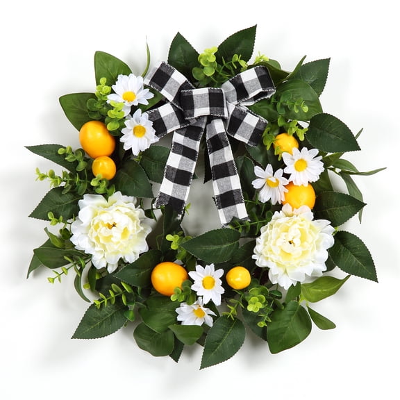 Lemon Wreath 20 Inch Farmhouse Artificial with Buffalo Plaid Bow, Peonies Daisies Grapevine Base Spring Summer Front Door Porch Decor Weatherproof