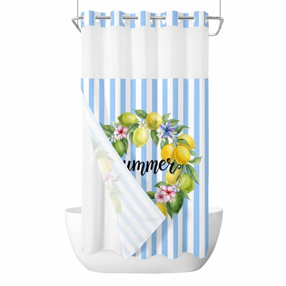Lemon Wreath No Hook Shower Curtain with Snap in Liner Summer Fruit Frangipani Starfish Blue Stripes Waterproof Bathroom Shower Curtain with See Through Top Window for Bathtub 36" x 72"