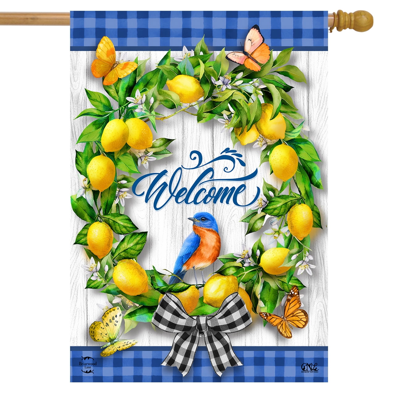 Lemon Wreath Spring House Flag Welcome Bluebird 28" x 40" Briarwood Lane