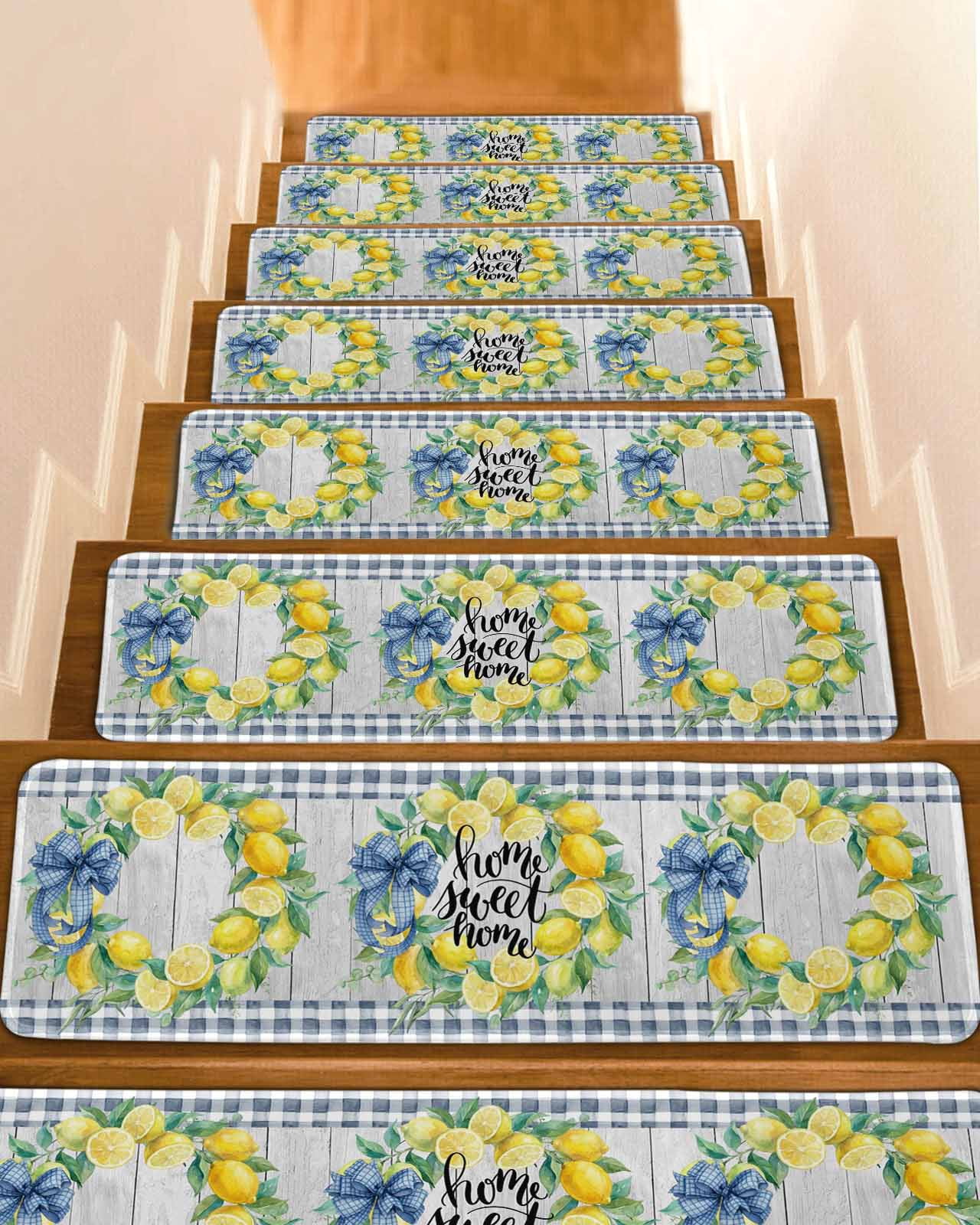Wraeth Stairs Lemon Wreath Stair Treads Watercolor Summer Lemon Plaid Wood Grain ...