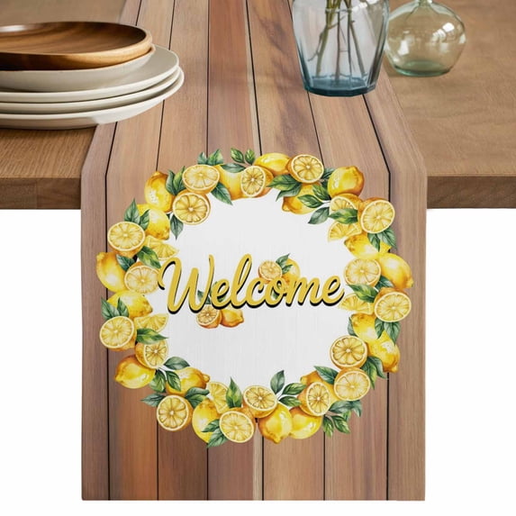 Lemon Wreath Table Runner 70 Inches, Summer Yellow Fruit Leaves Wooden Grain Bed Runner Dresser Scarves Tabletop for Indoor Outdoor Parties/Ceremony/Banquet, 13" x 70"