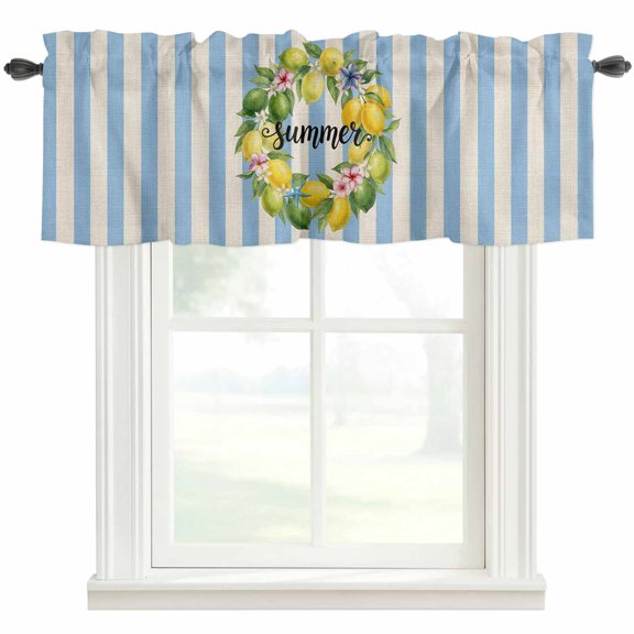 Lemon Wreath Valances for Windows Summer Fruit Frangipani Blue Stripes Retro Rod Pocket Curtain Valance Window Treatment Short Curtains for Kitchen Living Room, 58"x16"