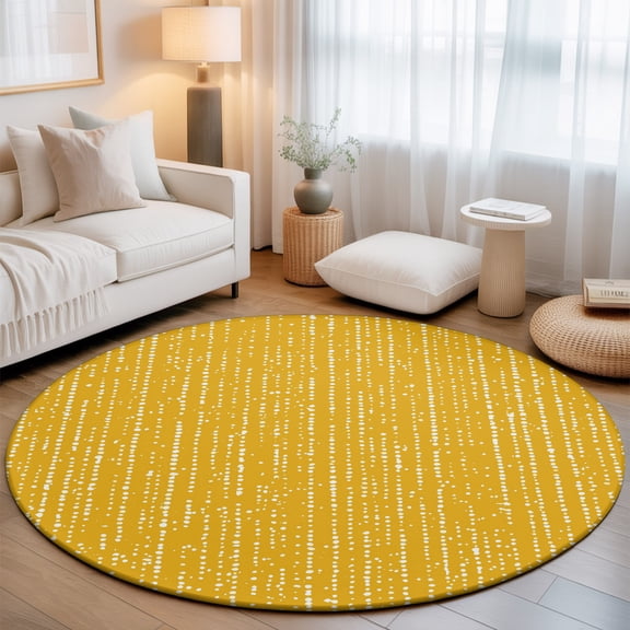 Lemon Yellow 3.3' Round Rug for Bedroom Reading Corner, White Dots and Lines Fiber Abstract Art Minimalist Gold Washable Non Slip Circle Area Rug