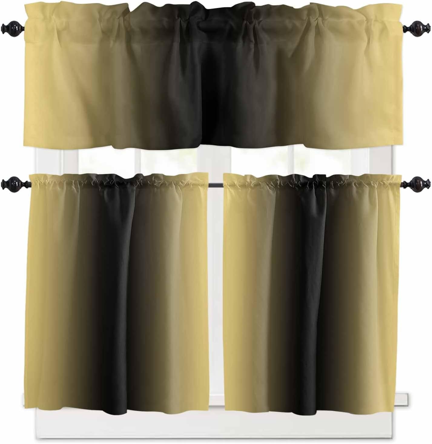 Lemon Yellow Black Ombre Kitchen Curtains and Valances Set, Rod Pocket ...