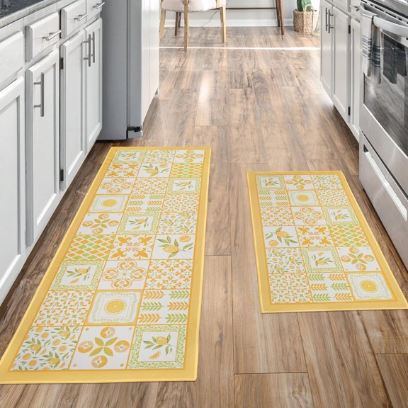 Lemon Yellow Boho Kitchen Mats for Floor Set of 2, Leaves Geometric Abstract Kitchen Floor Mat Runner Carpet 0range Lemon Yellow Decor and Accessories for Kitchen Home, 17x30 and 17x47 Inches