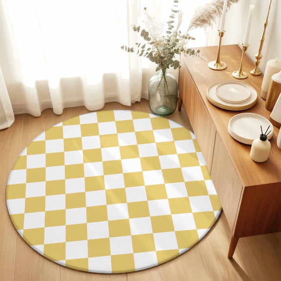 Lemon Yellow Checkered Round Area Rug 3 FT, Small Kitchen Bathroom Mat, Geometric Yellow Buffalo Plaid Washable Indoor Outdoor Throw Runner Carpet Non-Shedding Doormat for Table Shower Sofa Entryway