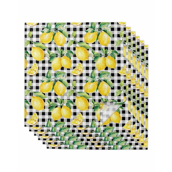 Lemon Yellow Cloth Napkins Set of 6 Reusable Dinner Napkins, Watercolor Fruit Black White Buffalo Plaid Cocktail Napkin Washable Table Napkins for Wedding/Holiday Party/Baby Shower 20"x20"