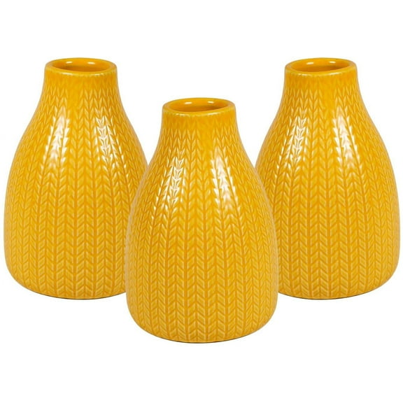 Lemon Yellow Cute Decor Ceramic Vase Set, Decorative Farmhouse Fall Vase for Living Room, Dinning Room, Shelf, Kitchen Island, Mantel, Bathroom, Covered Patio--Textured Fragrant Wheat Pattern
