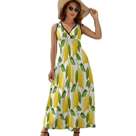 Lemon Yellow Dress Fashion Boho Beach Long Dresses Female Party Printed Maxi Dress