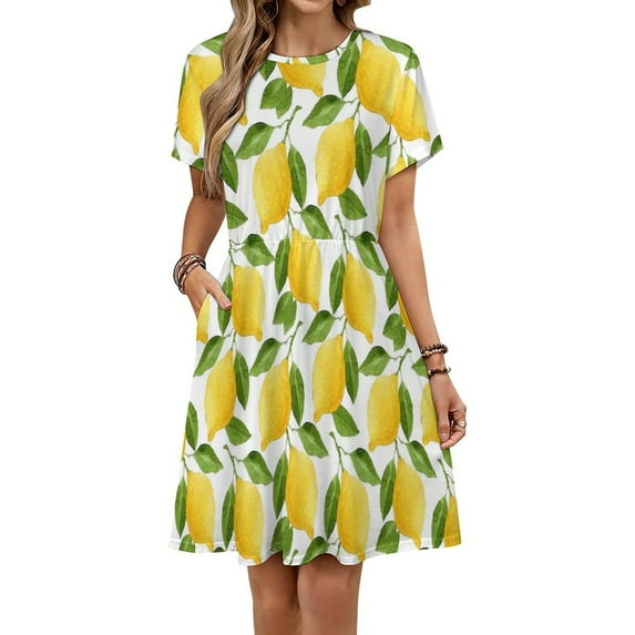 Lemon Yellow Dress Summer Street Style Dresses Female Short Sleeve Printed Sundress