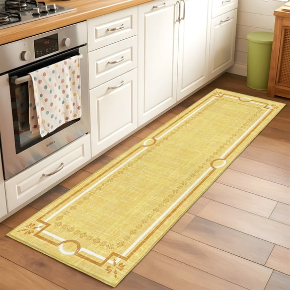 Lemon Yellow Farmhouse Hallway Washable Runner Rug 2x6 Linen Texture Geometric Lines Floral Low-Profile Area Rugs with Non Slip Backing Indoor Floor Carpet for Entrance Living Room Bedroom