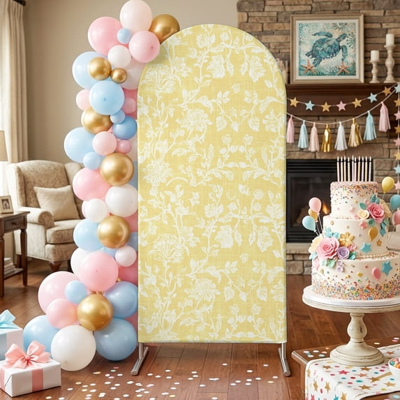 Lemon Yellow Flower Arch Backdrop Covers 7.2 FT, Pastoral White Plant Petal Leaf Rustic Linen Stretchy Fitted Arched Stand Covers Party Arch Stand Cover Photo Booth for Wedding Birthday Decor
