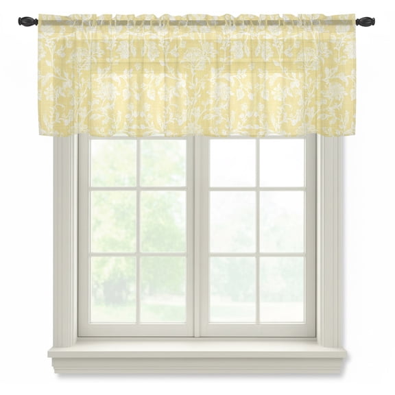 Lemon Yellow Flower Semi Sheer Valance Curtains, Pastoral White Plant Petal Leaf Rustic Linen Voile Valances Curtain Rod Pocket Small Window Treatment for Kitchen Bathroom Cafe 54"x18"