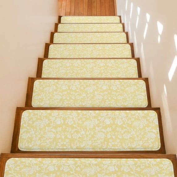 Lemon Yellow Flower Stair Treads Non Slip for Steps Pastoral White Plant Petal Leaf Rustic Linen 4 Pcs Reusable Adhesive Stair Runner Mats for Dogs Elders Carpet Treads Rugs for Staircase 8x30 In