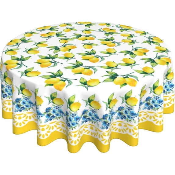 Lemon Yellow Fruit Flower Spring Summer Round Tablecloth Waterproof Wipeable Tablecloth Cover Home Restaurant Kitchen Picnic Party Decoration 60 Inch Circular Tablecloth for 20-47 Inch