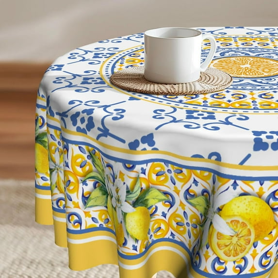 Lemon Yellow Fruit Flowers Round Tablecloth 60 Inch Boho Floral Fabric Tablecover Washable Spring Summer Tablecloth for Picnic Dinner Table Decor