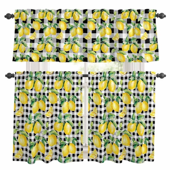 Lemon Yellow Kitchen Curtains Sets for Windows 24 Inch Length, Watercolor Fruit Black White Buffalo Plaid Rod Pocket Window Treatments Tier Curtains and Valances Set for Bedroom/Bathroom