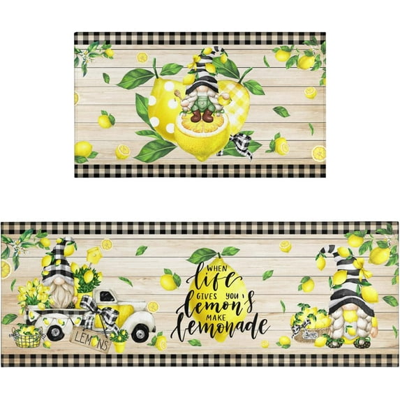Lemon Yellow Kitchen Rug Mat Gnome Summer Kitchen Rugs Sets of 2 Washable Non-Slip Kitchen Floor Mats for in Front of Sink Lemon Kitchen Decor