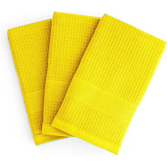 Lemon Yellow Kitchen Towels - Set of 3 Premium Turkish Cotton Waffle Weave Dish Towels - Absorbent & Stylish