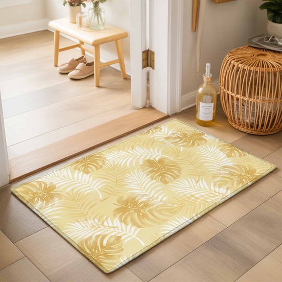 Lemon Yellow Leaf Washable Small Entryway Area Rugs 2'x3', Modern Lemon Yellow Palm Leaf Monstera Washable Throw Rug Non-Slip Sturdy Edge Binding Carpet for Front Door Floor Room Entry