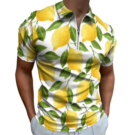 Lemon Yellow Men Zipper T-shirt Summer Casual Short Sleeve T-shirt Top