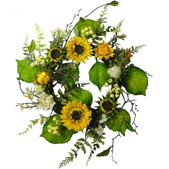 Lemon Yellow Off-White Sunflower with Berries 20in Artificial Polysilk Faux Fake Flower Wreath for Craft Home Bouquet Arrangement Ceremony Wedding Arch Floral Wall Aisle Decor (Yellow Cream, One each)