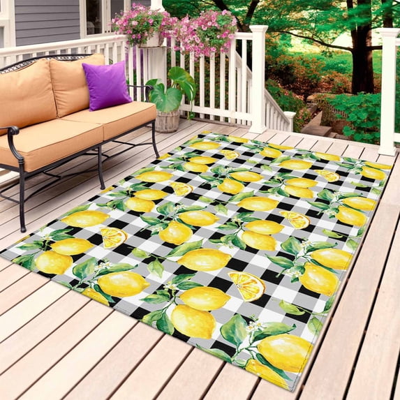Lemon Yellow Outdoor Rug for Patio/Deck/Porch, Non-Slip Large Area Rug 3 x 5 Ft, Watercolor Fruit Black White Buffalo Plaid Indoor Outdoor Rugs Washable Area Rugs, Camping Rug Carpet Runner