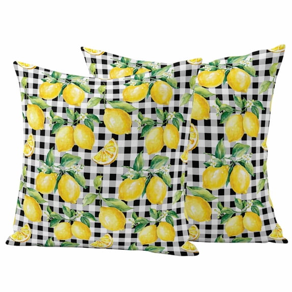 Lemon Yellow Outdoor Waterproof Pillow Covers, Watercolor Fruit Black White Buffalo Plaid Decorative Square Throw Pillowcase Sofa Cushion Sham for Patio/Couch/Chair, 26"x26" 2 Pack
