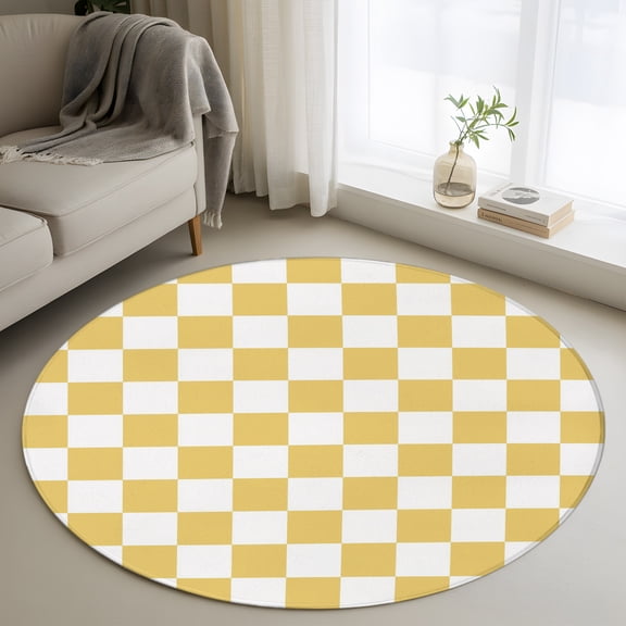 Lemon Yellow Plaid 3FT Round Area Rugs Modern Checkerboard Plaid Repeating Pattern Soft Small Round Rug Non-Slip, Ultra-Thin Circle Carpet for Bedroom Entryway Kitchen Bathroom