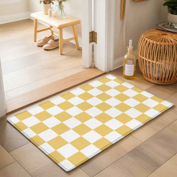Lemon Yellow Plaid Washable Small Entryway Area Rugs 2'x3', Modern Checkerboard Plaid Repeating Pattern Washable Throw Rug Non-Slip Sturdy Edge Binding Carpet for Front Door Floor Room Entry