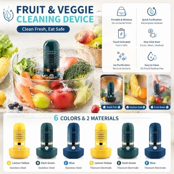 Lemon-Yellow Produce Washer Cleaner for Fruits and Vegetables – Compact Countertop Design with One-Touch Operation, Gentle Residue Reduction, Quiet & Space-Saving Kitchen Appliance