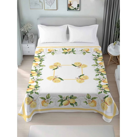 Lemon Yellow Queen Size Flat Sheet, Wrinkleproof & Fadeproof Cooling Flat Bed Sheet Only, Modern Country Flower Floral Summer Spring Breathable Soft Bedding Top Sheets 90 x 102 Inches