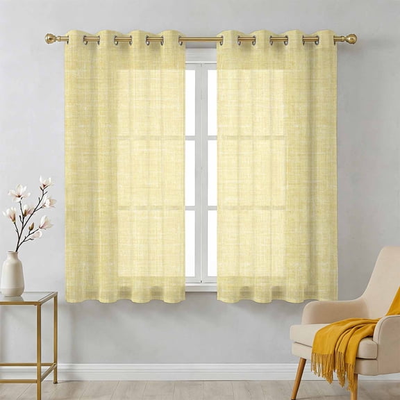 Lemon Yellow Sheer Curtains 39 Inch Long 2 Panels, Abstract Modern Farmhouse Solid Color Light Filtering Semi Sheer Drapes Grommet Voile Window Curtain for Living Bedroom W27.9 x L39