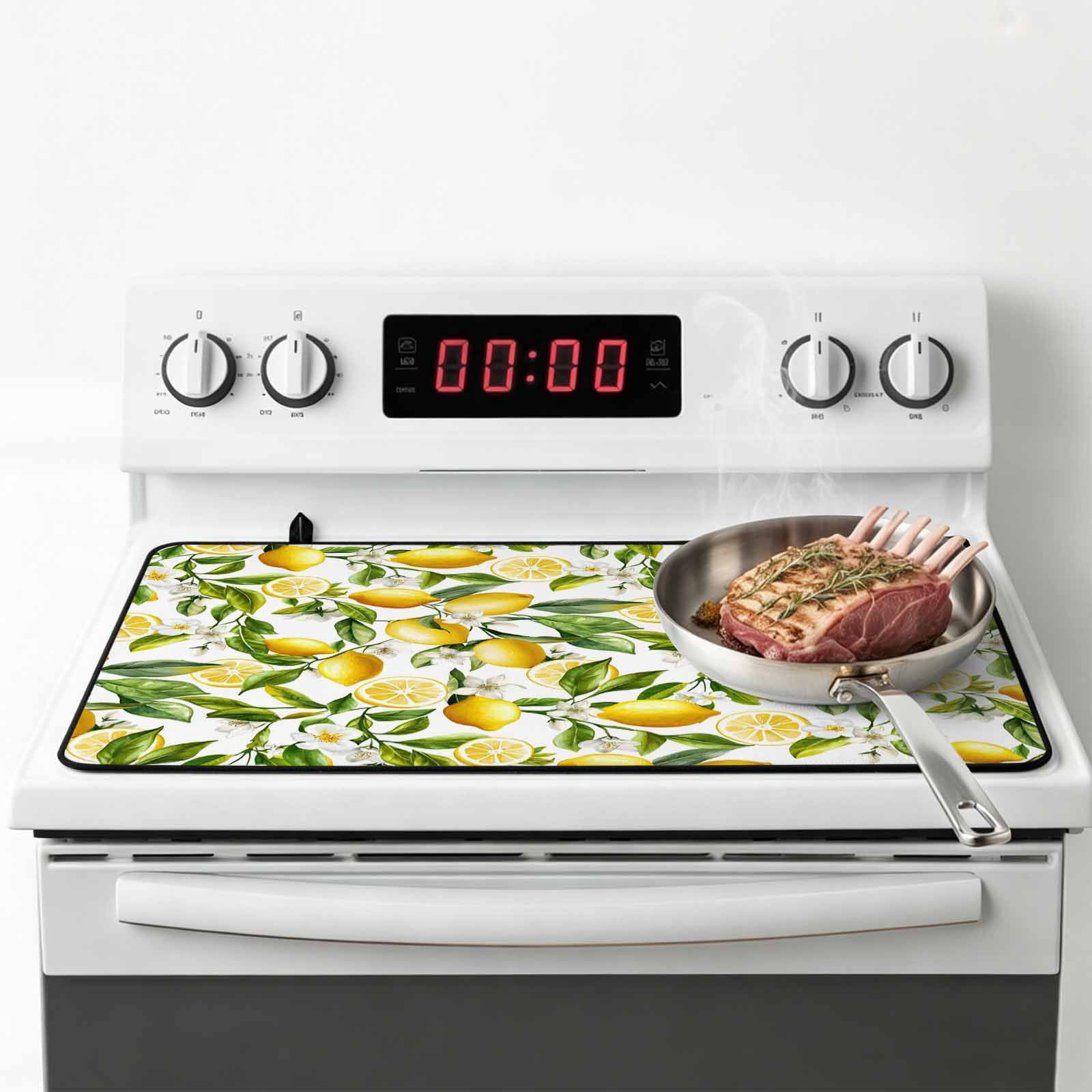 Lemon Yellow Stove Top Cover for Electric Stove, Heat-proof & Non Slip Glass Top Stove Cover Protector, Country Watercolor Floral Leaf Green White Kitchen Flat Cooktop Rubber Mat 24x21 Inches