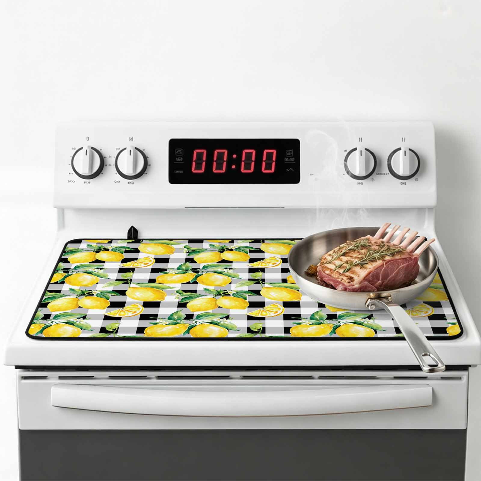 Lemon Yellow Stove Top Cover for Electric Stove, Heat-proof & Non Slip Glass Top Stove Cover Protector, Watercolor Fruit Black White Buffalo Plaid Kitchen Flat Cooktop Rubber Mat 24x21 Inches