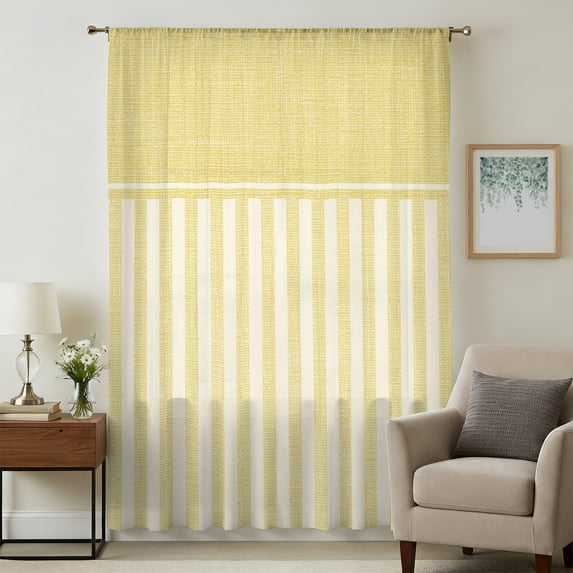 Lemon Yellow Striped Sheer Curtains 72 Inches Long, Boho Stripes Minimalist Linen Texture Light Filering Curtains, Breathable Simi Curtain Privacy Drapes for Living Room Bedroom Window Treatment