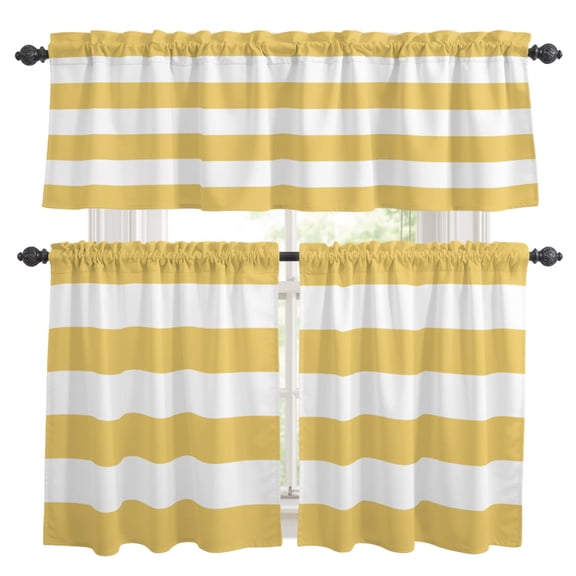 Lemon Yellow Stripes Kitchen Curtains Valances 3 Piece Set, Modern Artistic Parallel Lines Rod Pocket Tier Curtain and Valance Drapes for Small Window 36 Inch Length for Bedroom Cafe