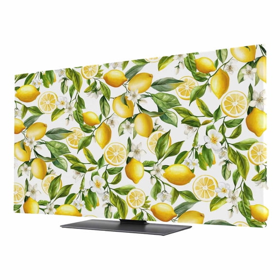 Lemon Yellow TV Cover for 24 Inch Screen,Stretch Fabric Dustproof TV Display Protector,Country Watercolor Floral Leaf Green White Elastic Slipcover Monitor Cover for Desktop Computer 20.9"x11.8"