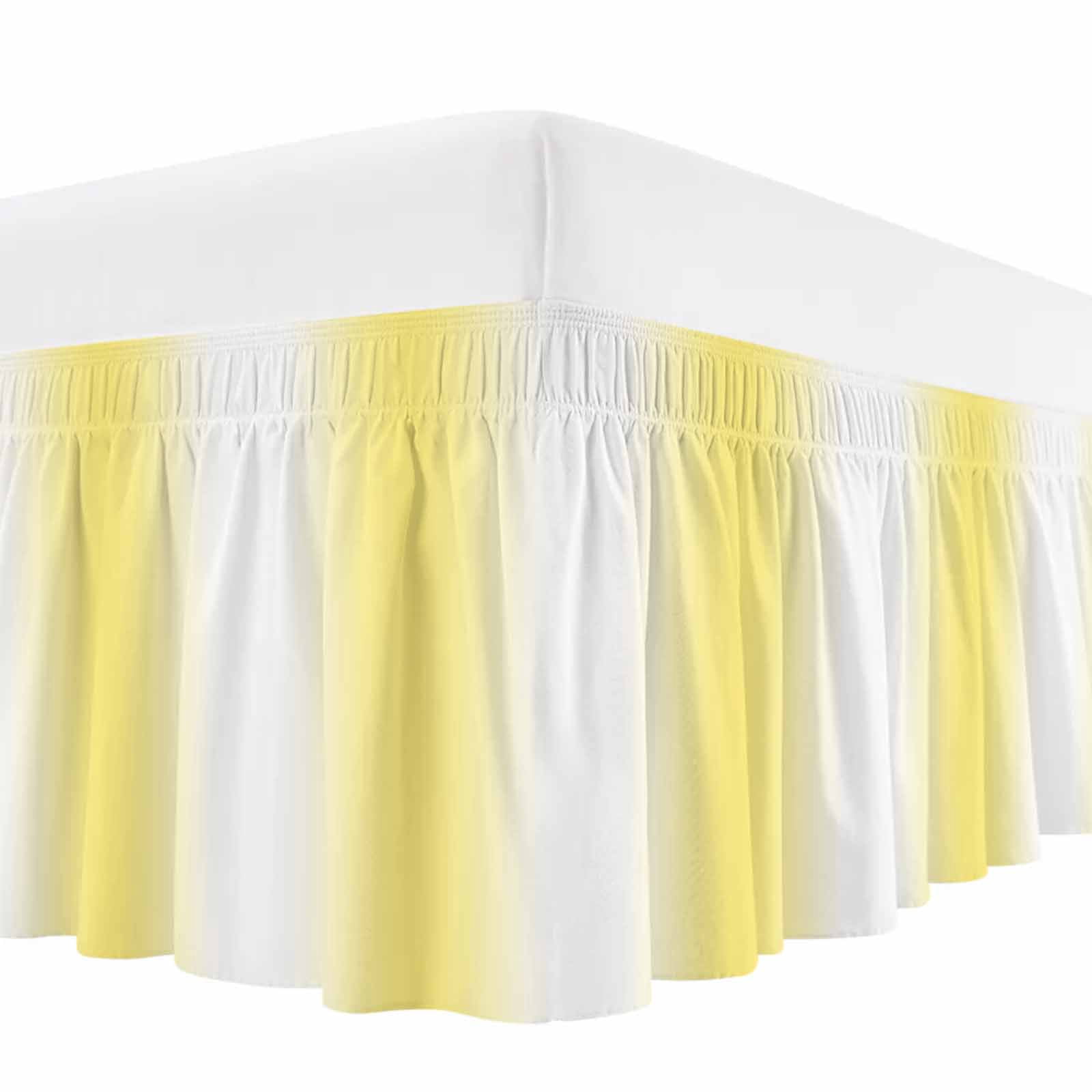 Lemon Yellow White Bed Skirt Queen Size, Gradient Vertical Stripes Geometric Wrap Around Bed Skirting with Adjustable Elastic Strap, Dust Ruffle Pleated Bedskirts 16 Inch Drop for Bedroom Queen Beds