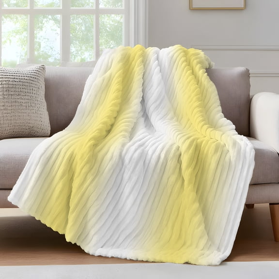 Lemon Yellow White Gradient Throw Blanket for Couch Simple Pattern Soft and Warm Flannel 3D Striped Fluffy Fuzzy Fleece Blanket Lightweight Throw for Bed, Sofa 32 x 48 Inches