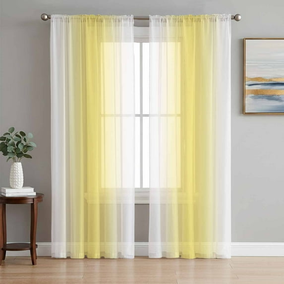 Lemon Yellow White Semi Sheer Curtains 63 Inch Length 2 Panels Set, Gradient Vertical Stripes Geometric Sheer Kitchen Curtain Privacy Voile Window Curtain for Living Room Bedroom Rod Pocket Drapes