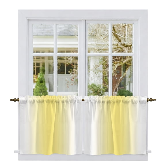 Lemon Yellow White Tier Curtains, Gradient Vertical Stripes Geometric Light Filtering Kitchen Curtains, 2Pcs Rod Pocket Half Window Treatments Panels for Sink Cafe Cabinet Camper 27.5x36 Inches