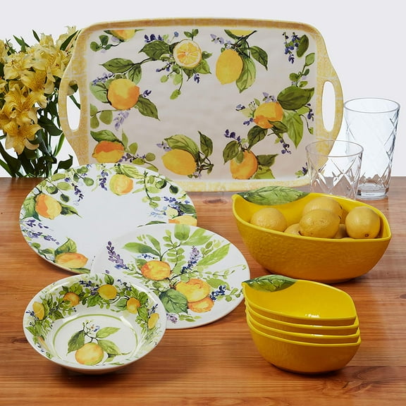 Lemon Zest 12-Piece Melamine Dinnerware Set, Service for 4   Outdoor Plates & Bowls for  Dining, Summer BBQs, Poolside Meals, Picnics, Everyday Family Use & Entertaining