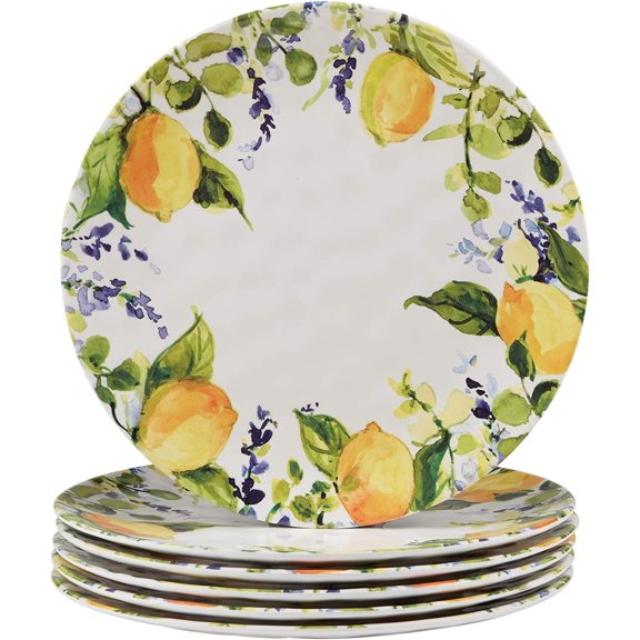 Lemon Zest Melamine Dinner Plates Set of 6 Unbreakable Outdoor Plates for Patio Dining, Garden Parties, BBQs, RV Camping, Farmhouse Kitchen, and Everyday Family Meals