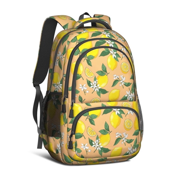 Lemon and Blossom Peach Pattern Cute School Backpack Bag with Padded Back and Adjustable Shoulder Straps 16.9 X 12.6 X 5.9 Inches