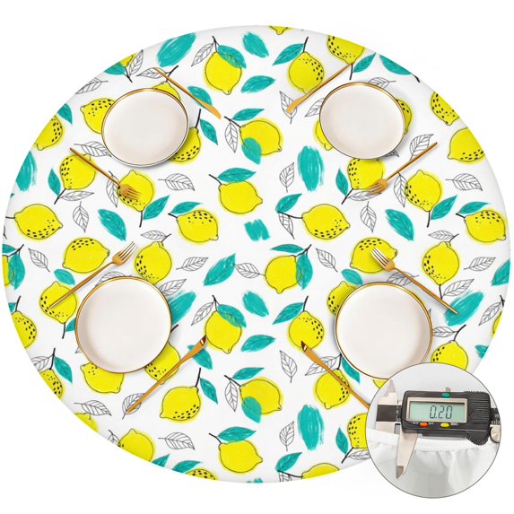 Lemon and Brush White Pattern Round Fitted Tablecloth with Elastic Edge, Waterproof Dining Table Cover for Indoor Outdoor Camping and Daily Use